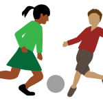 Two children kicking a ball