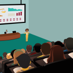 Facilitator of a presentation in front of a large audience