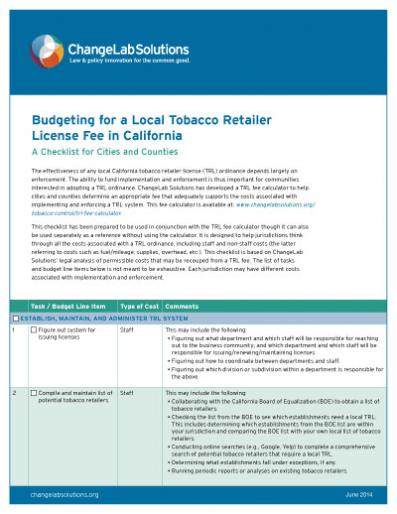 Budgeting For A Local Tobacco Retailer License Fee In California Changelab Solutions